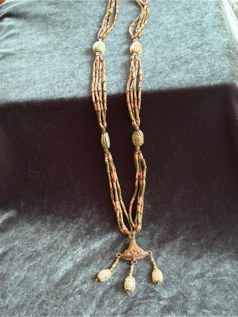Vintage brass scarab beaded necklace Egyptian Revival style 15” drop pendant